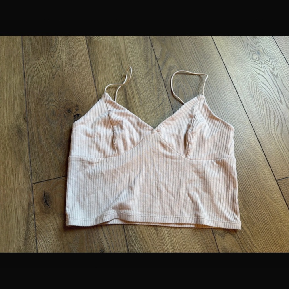 Garage Light Pink Ribbed V-Neck Spaghetti Strap Crop Top